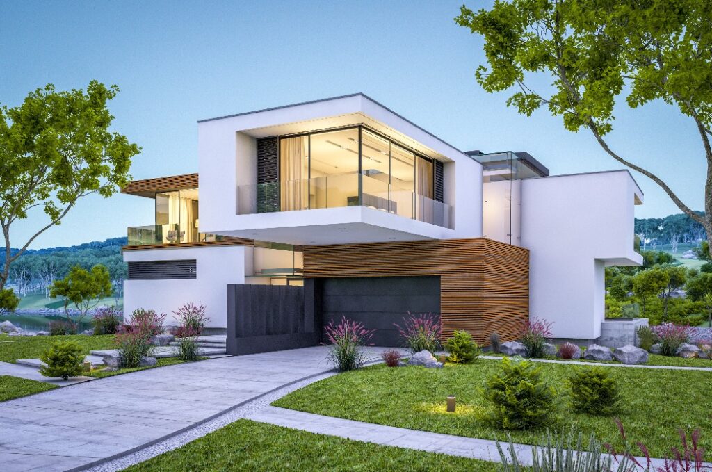 3d rendering of modern house by the river at evening